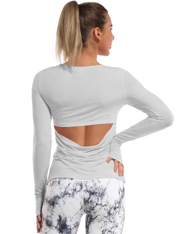 Yoga Tops for Comfort in Every Pose -Open Back Long Sleeve Tops lightgray