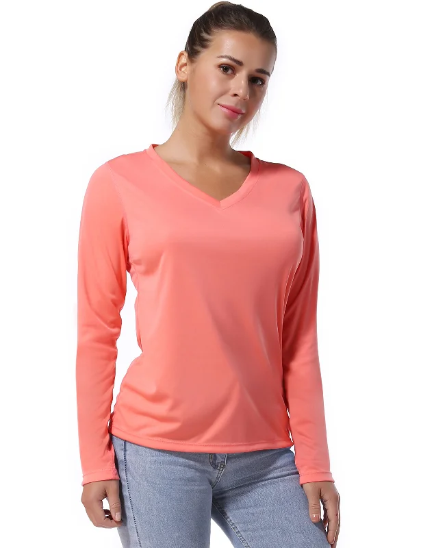 Yoga Tops for High Support and Comfort -V Neck Long Sleeve Athletic Shirts coral