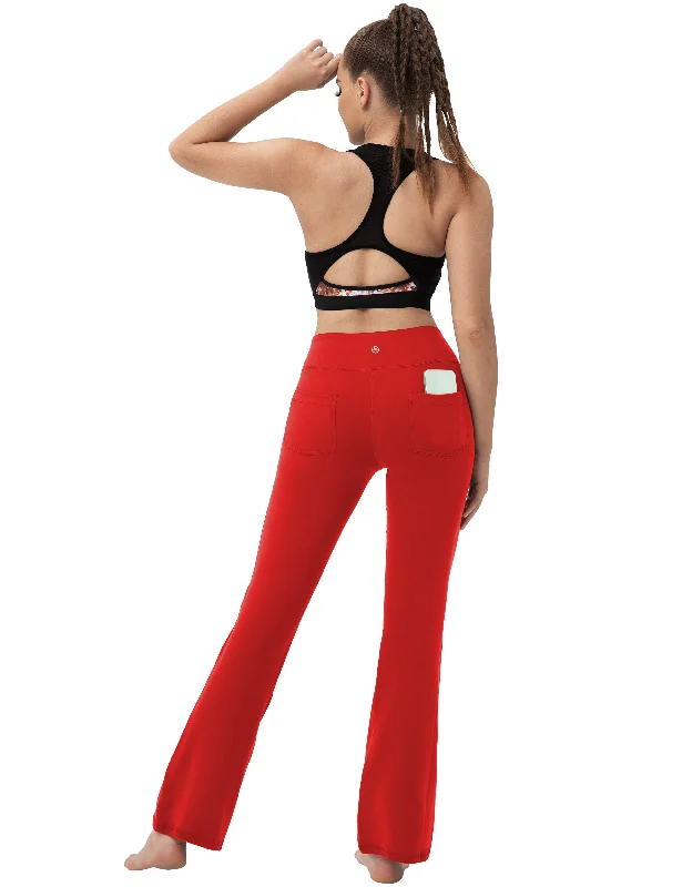 High-Waisted Yoga Pants for Better Fit -29" 31" 33" 35" 37"  Back Pockets Bootcut Leggings scarlet