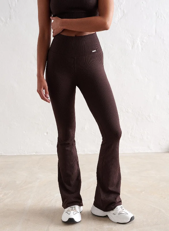 Soft Yoga Pants for Relaxation -Cacao Ribbed Seamless Flare Petite Tights