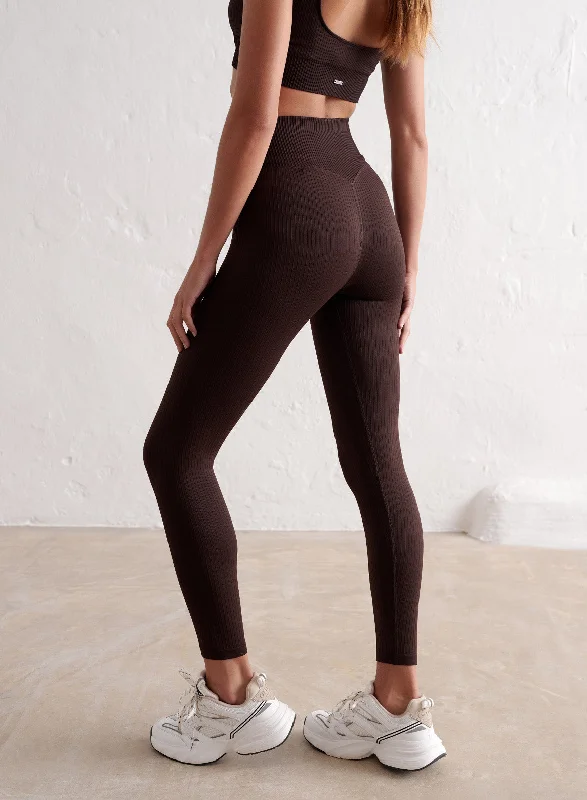 Compression Fit Yoga Pants -Cacao Ribbed Seamless Tights