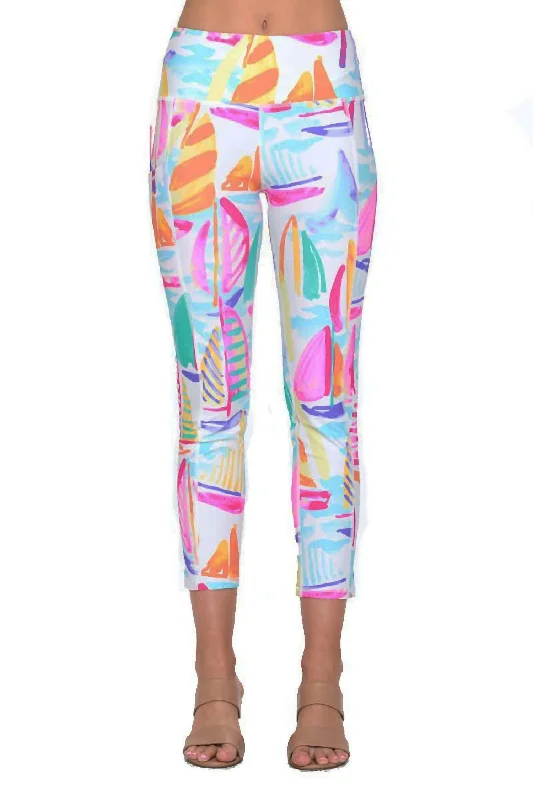 Yoga Shorts with Smooth Waistband -Cecila Sailboat Print Leggings In Pink & Multi