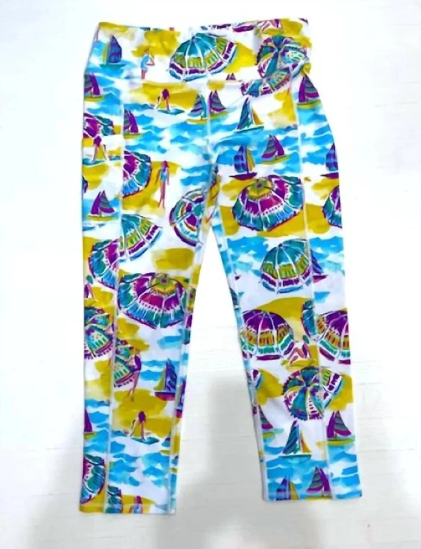 Soft Yoga Shorts for Comfortable Training -Cecila Umbrella Print Leggings In Multi/purple/blue Soft Yoga Shorts for Comfortable Training -Cecila Umbrella Print Leggings In Multi/purple/blue