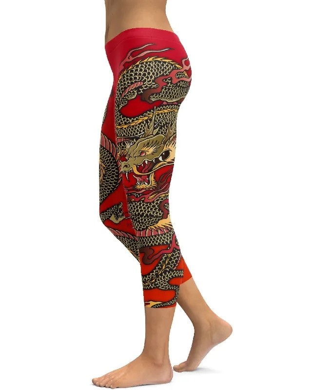 Women's Yoga Pants for Active Practice -Chinese Dragon Capris