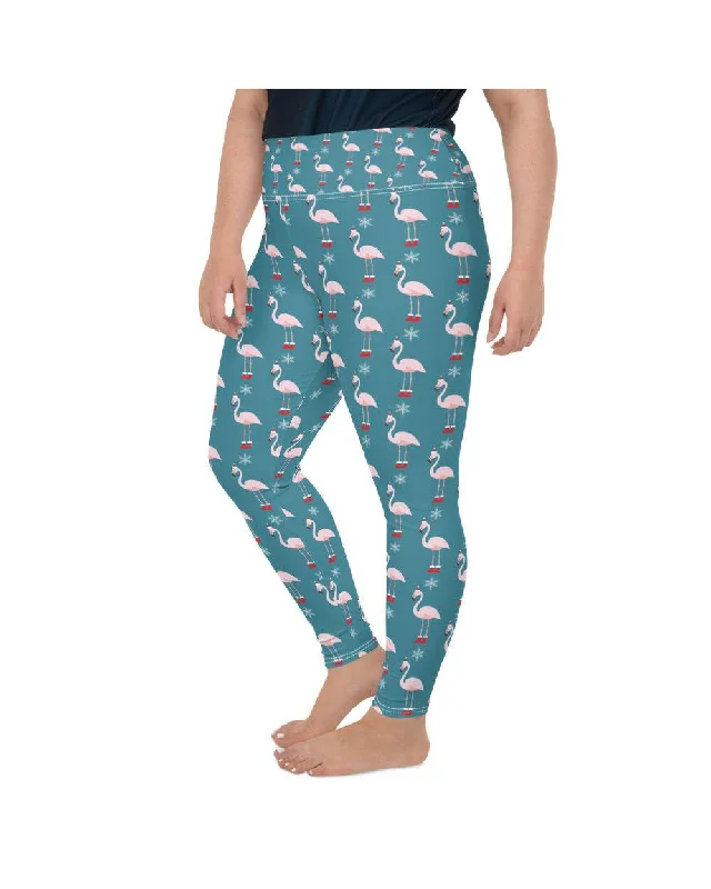 Plus Size Yoga Pants -Christmas Flamingo Patterned Plus Size Leggings