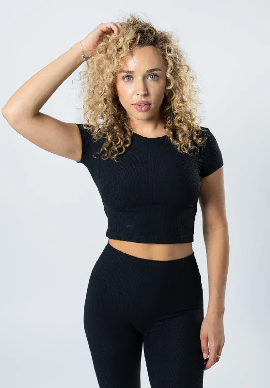 Yoga Tops with Moisture-Wicking Technology -CloudRib Short Sleeve Crop Black