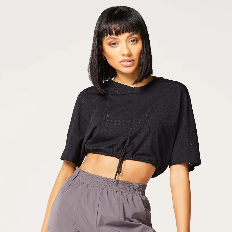 Yoga Tops for Better Posture Support -Code Cropped Drawstring Tee - Black
