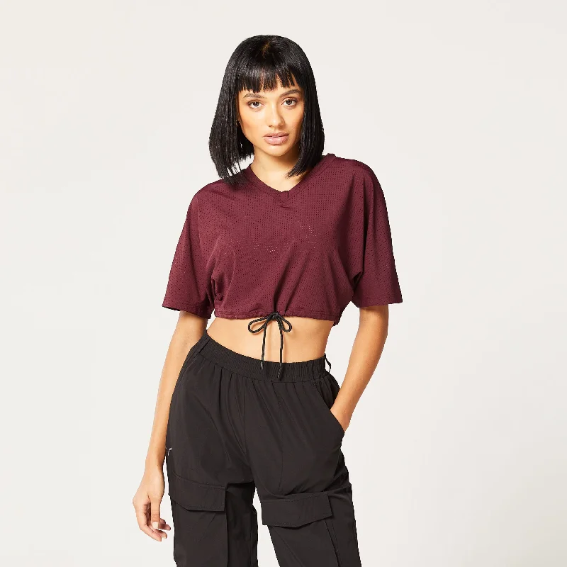 Yoga Tops for Everyday Yoga Practice -Code Cropped Drawstring Tee - Deep Oxblood Red