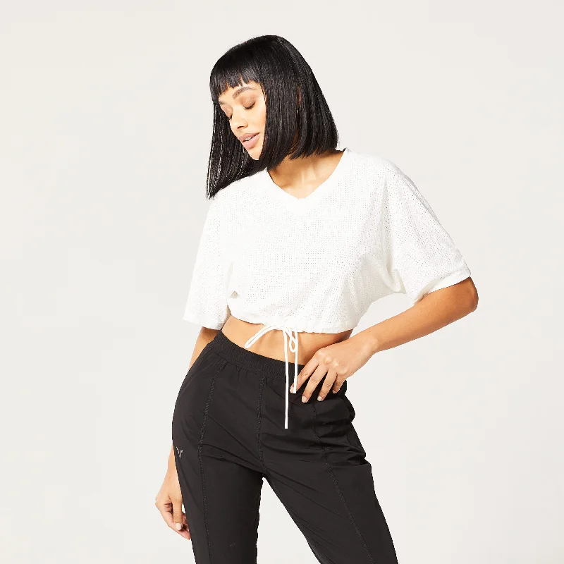 Yoga Tops for Yoga and Pilates -Code Cropped Drawstring Tee - Pearl White