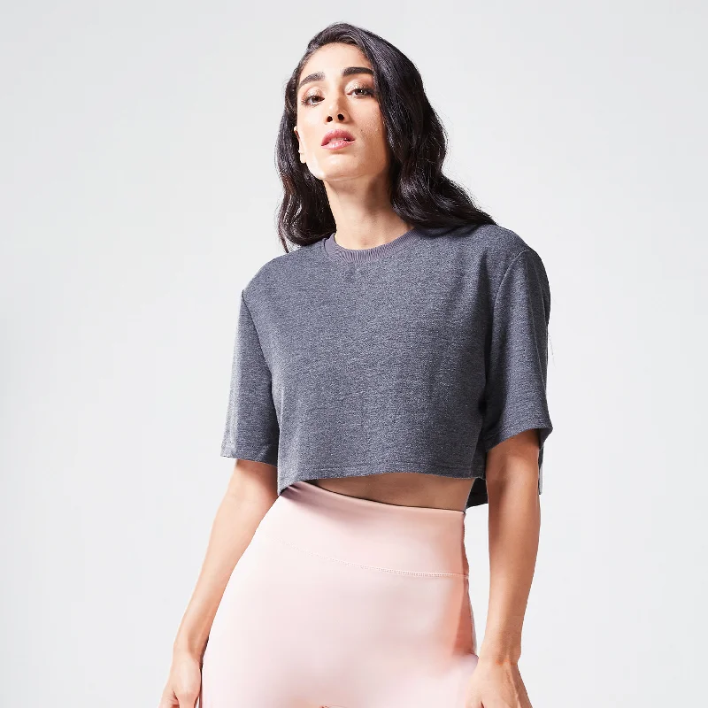 Women's Yoga Tops for Flexibility and Comfort -Code Mystery Crop Tee - Black Marl