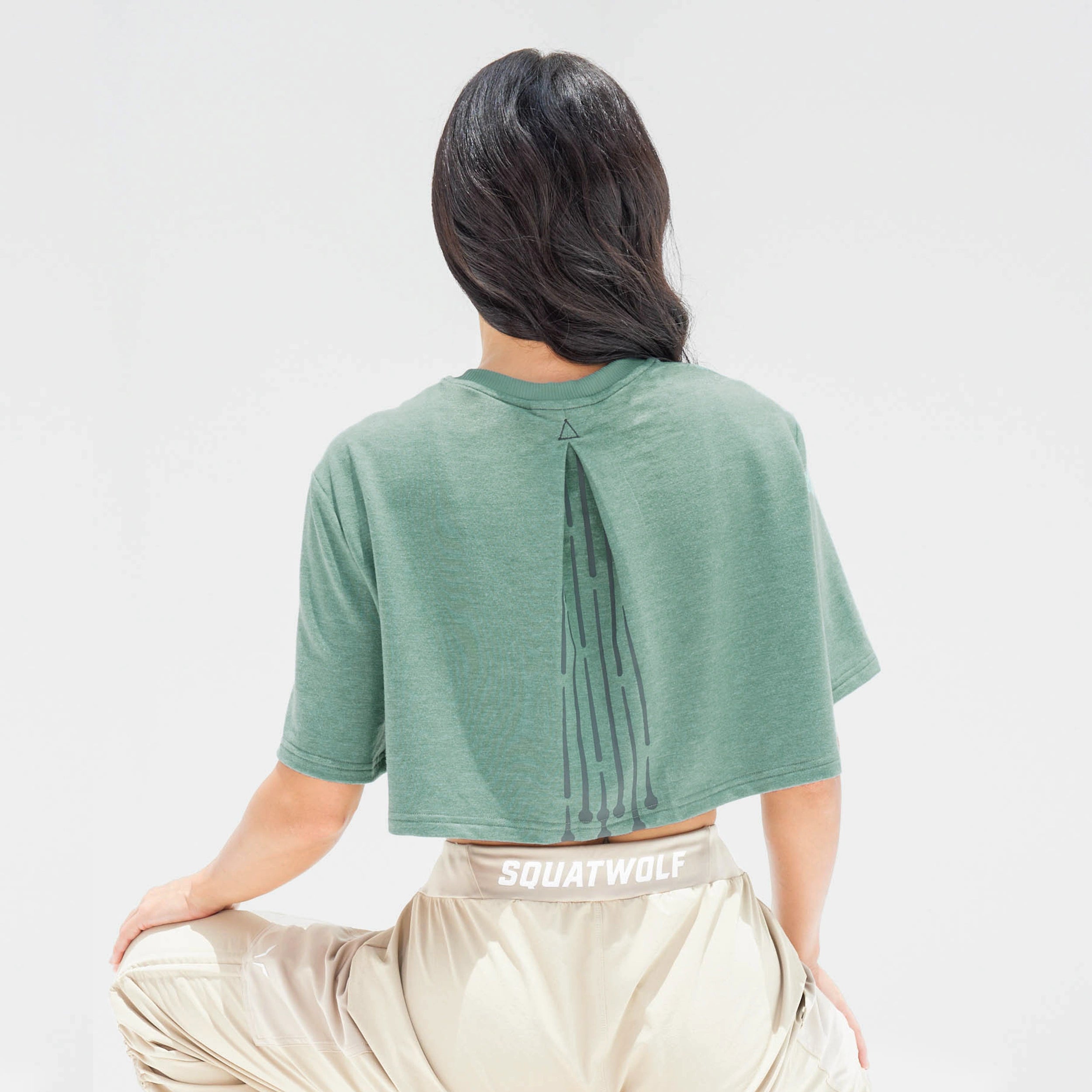 Women's Yoga Tops with Full Coverage -Code Mystery Crop Tee - Dark Forest Marl