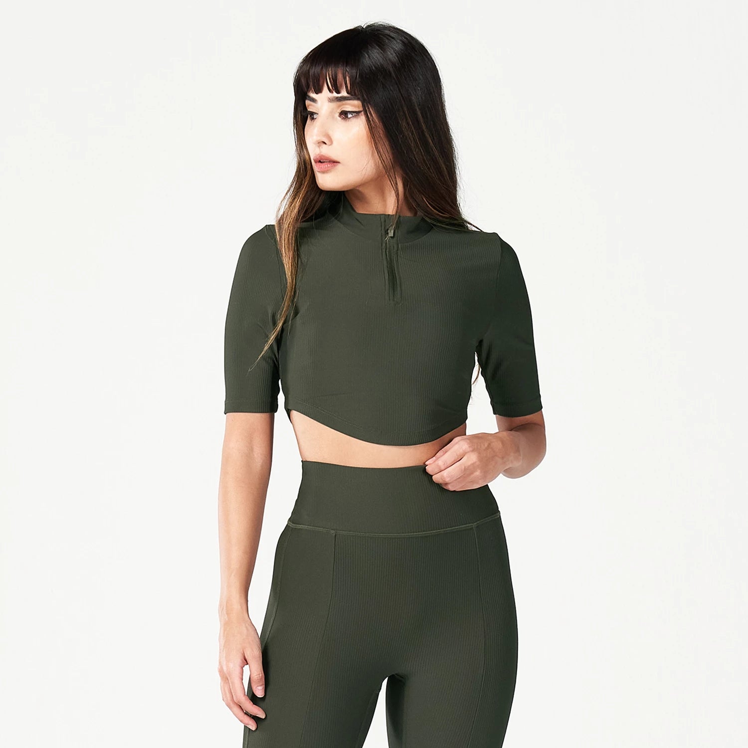 Lightweight Yoga Tops for Ease of Movement -Code Ribbed Crop Top - Khaki