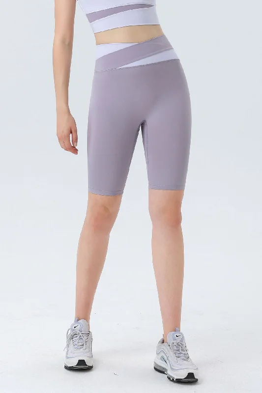 Premium Yoga Shorts for Flexibility Training -Color-block Crossover Biker Shorts