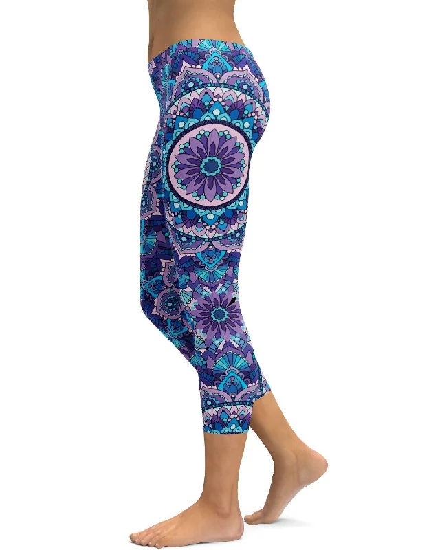 Stylish Yoga Pants for Gym -Colorful Blue Mandala Capris