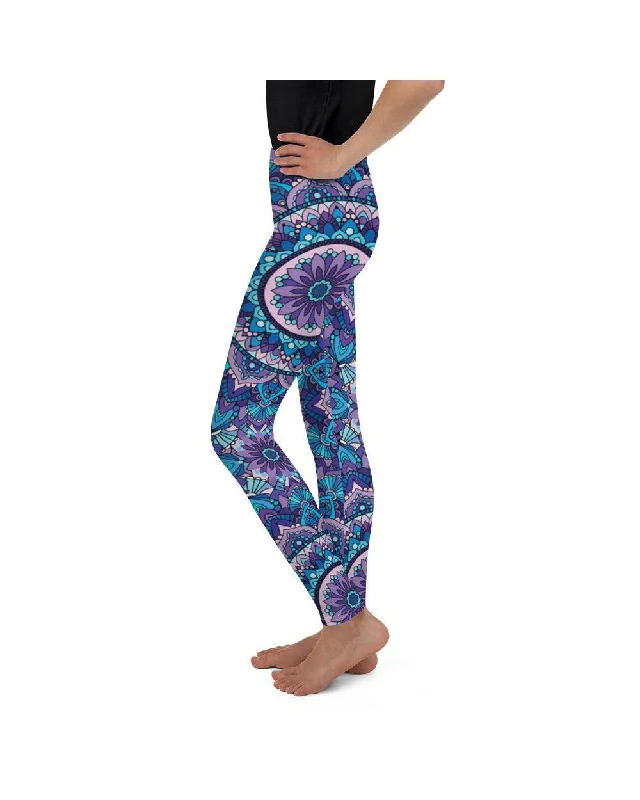 Women's Premium Yoga Pants -Colorful Blue Mandala Youth Leggings