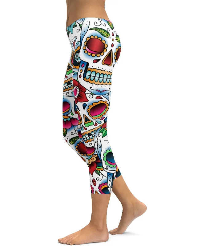 Yoga Pants for Stronger Poses -Colorful Dead - Sugar Skull Capris