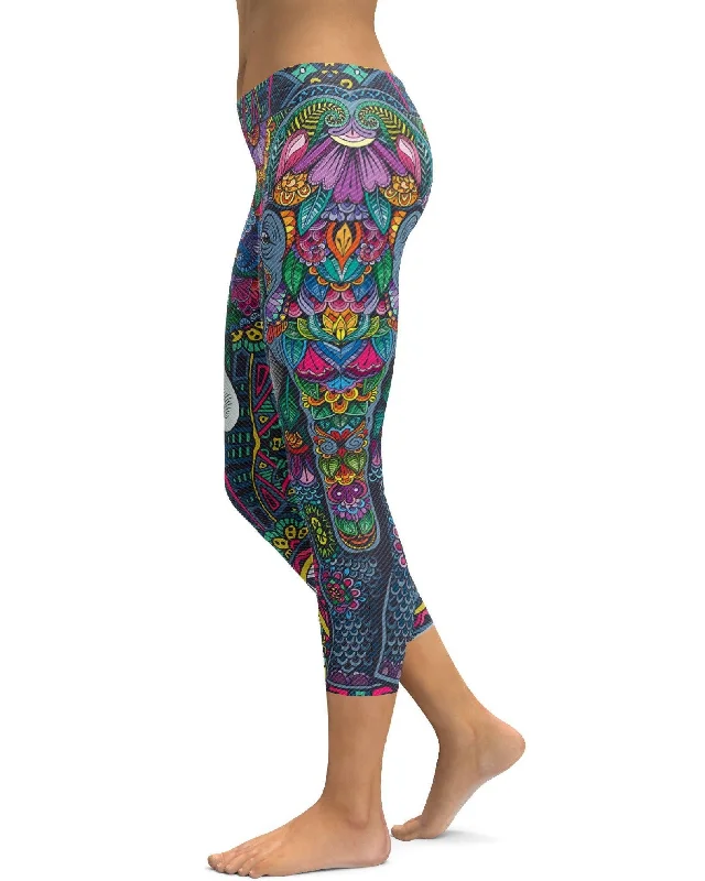 Slim Fit Yoga Pants -Colorful Elephant Capris
