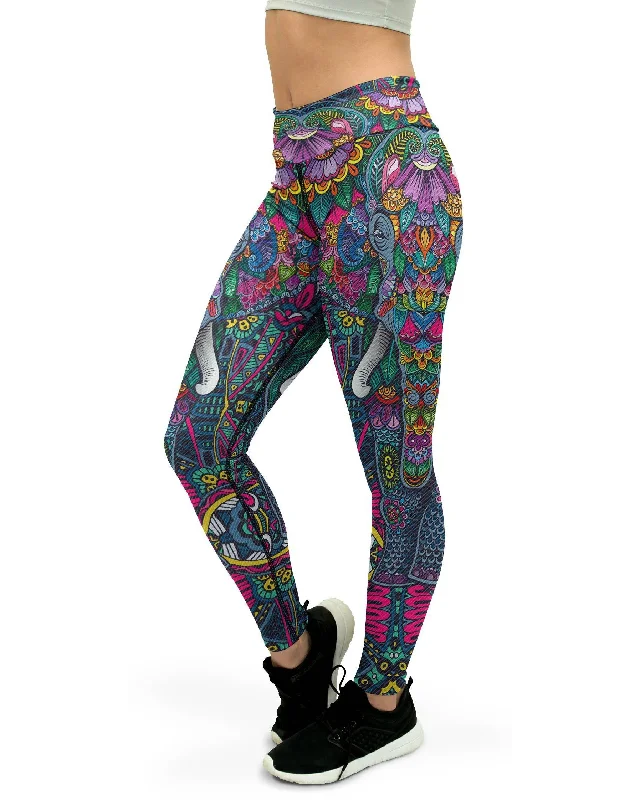 Yoga Pants with Moisture-Wicking Fabric -Colorful Elephant Yoga Pants