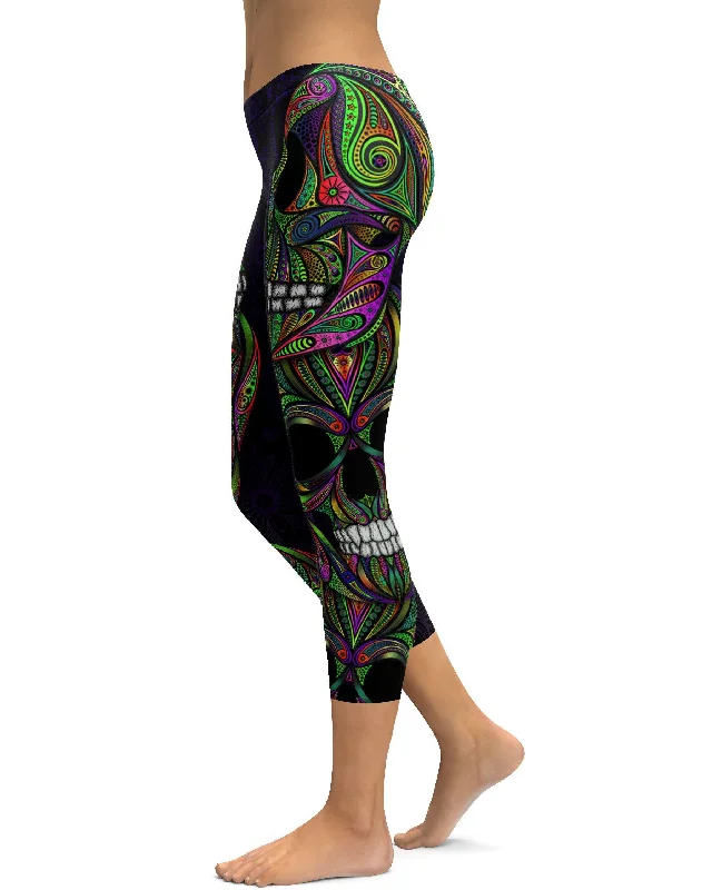 Yoga Pants for Better Range of Motion -Colorful Green Ornamental Skull Capris