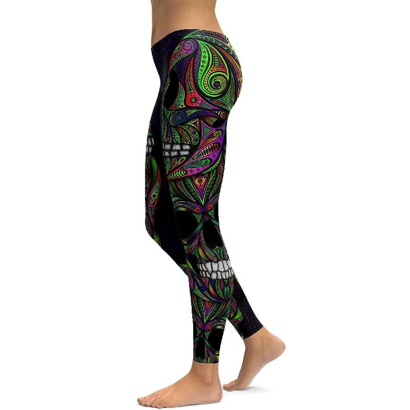 High-Waisted Leggings for Yoga -Colorful Green Ornamental Skull Leggings
