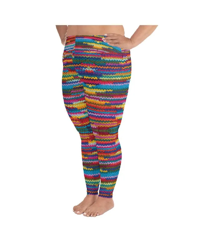 Yoga Pants with Adjustable Waist -Colorful Knitted Pattern Plus Size Leggings