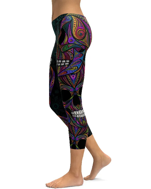 Women's Yoga Pants with Compression -Colorful Ornamental Skull Capris