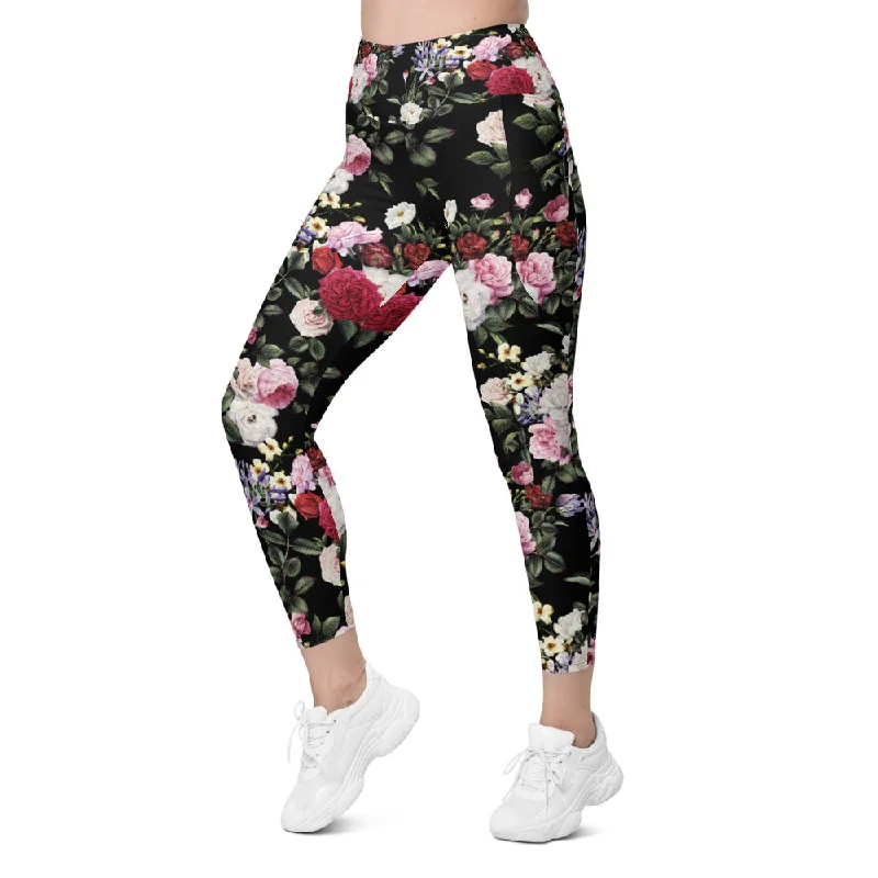 Yoga Pants with 4-Way Stretch -Colorful Roses Leggings with Pockets
