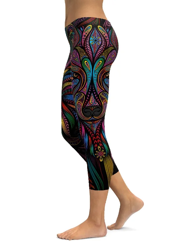 Soft Fit Yoga Pants for Gentle Practice -Colorful Wolf Capris