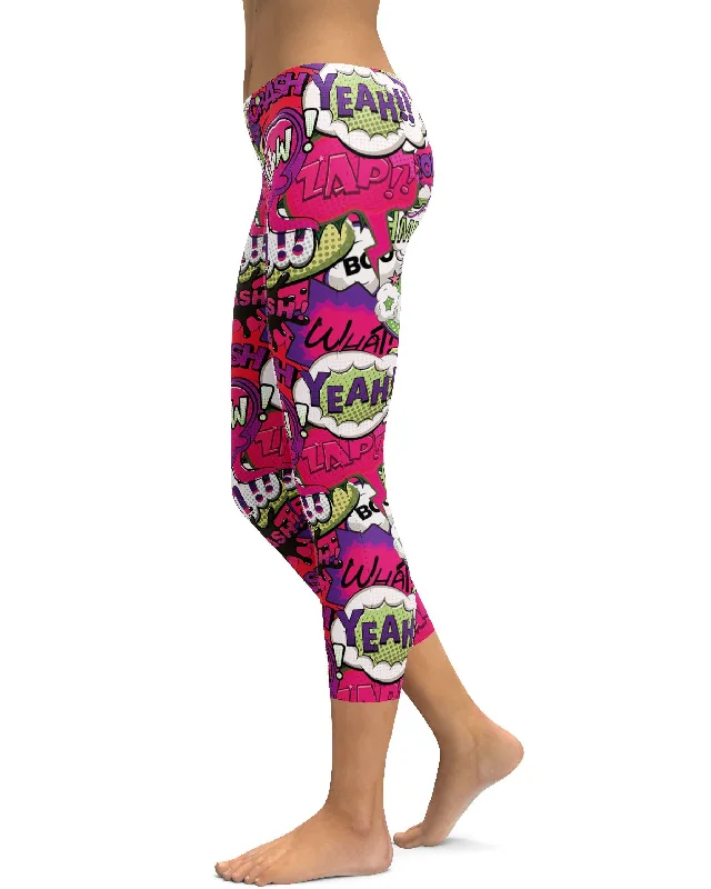 Yoga Pants for Intense Flexibility Practice -Comic Book Bubbles Pink Capris