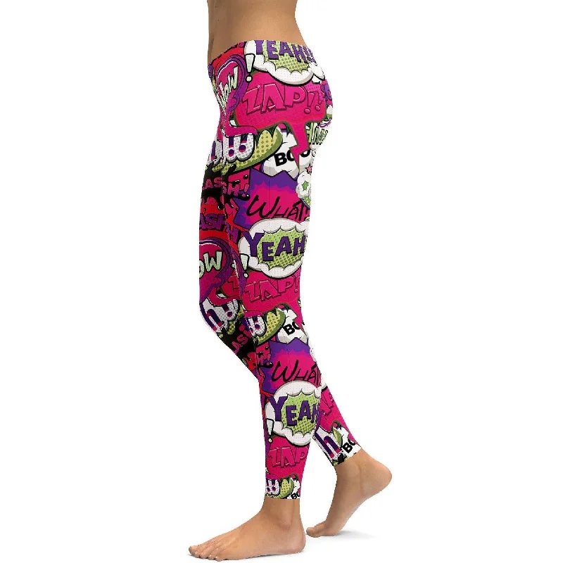 Stylish Yoga Pants for Women -Comic Book Bubbles Pink Leggings