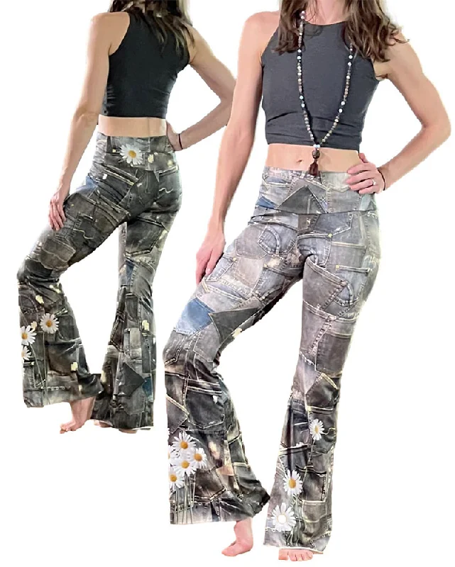 Soft Yoga Pants for Everyday -Vintage Faux Blue Jean with Daisies Flair Bell Bottom