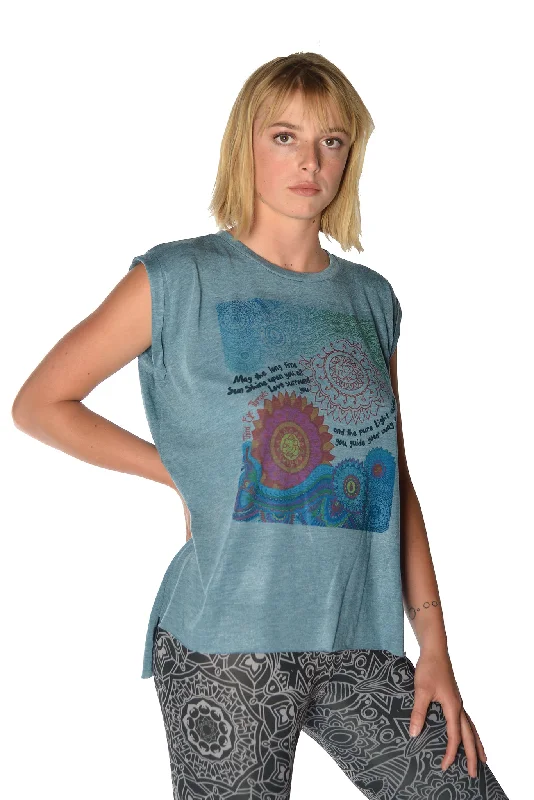 Women's Yoga Tops for Outdoor Activities -Flowy Greaser Muscle Tee With Double Sun Chant With Rolled Cuff Women's Yoga Tops for Outdoor Activities -Flowy Greaser Muscle Tee With Double Sun Chant With Rolled Cuff