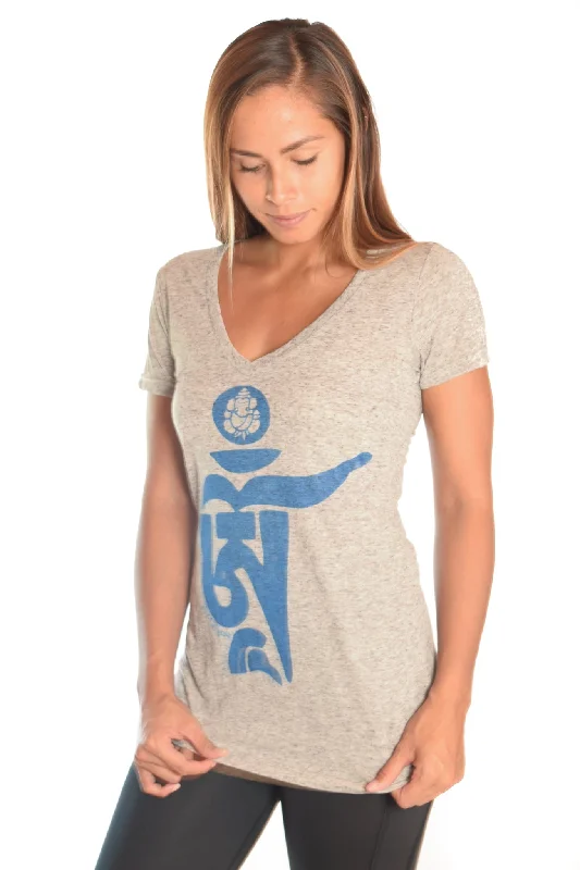 Yoga Tops for Better Support and Stretch -Light Heather Gray V-Neck with Tibetan Om