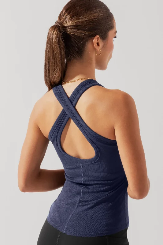 Women's Yoga Tops with High Stretch for Flexibility -Not Your Typical Tank (Built-in Bra) - Cosmic Navy Women's Yoga Tops with High Stretch for Flexibility -Not Your Typical Tank (Built-in Bra) - Cosmic Navy