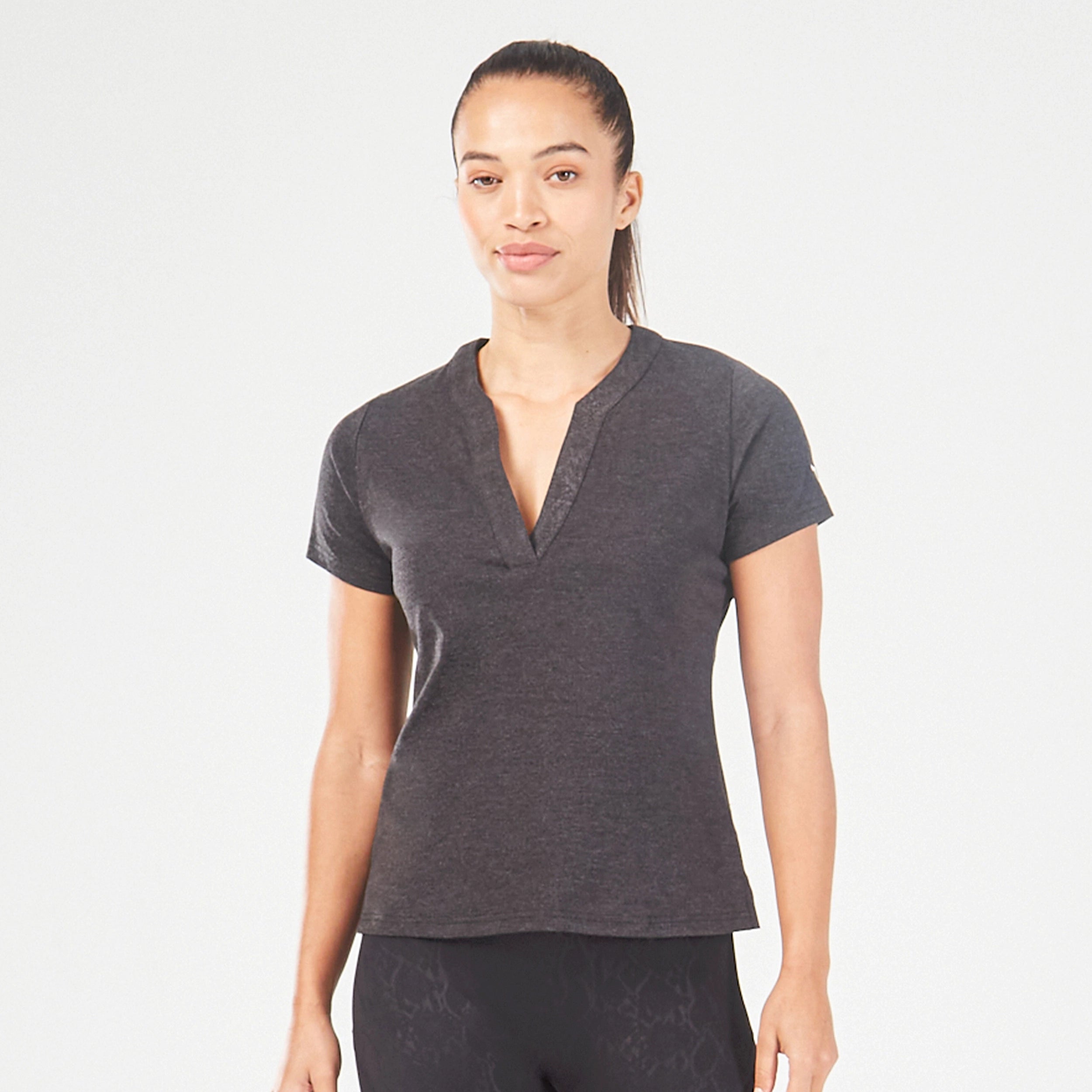Yoga Tops for Core Strengthening -Core Notched Tee - Black Marl
