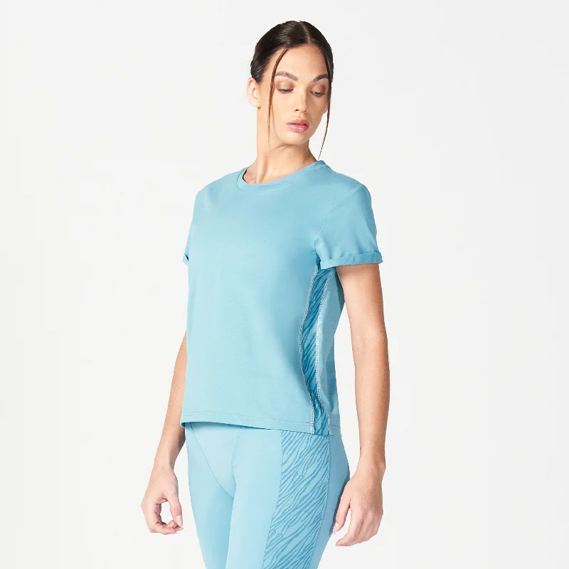 Women's Yoga Tops for Flexibility in Practice -Core Wild Panel Relaxed Tee - Delph Blue Women's Yoga Tops for Flexibility in Practice -Core Wild Panel Relaxed Tee - Delph Blue