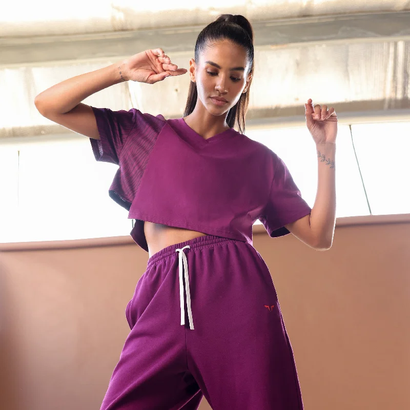 Yoga Tops with Adjustable Fit for Custom Support -Core Wild Print Boxy Tee - Dark Purple Yoga Tops with Adjustable Fit for Custom Support -Core Wild Print Boxy Tee - Dark Purple