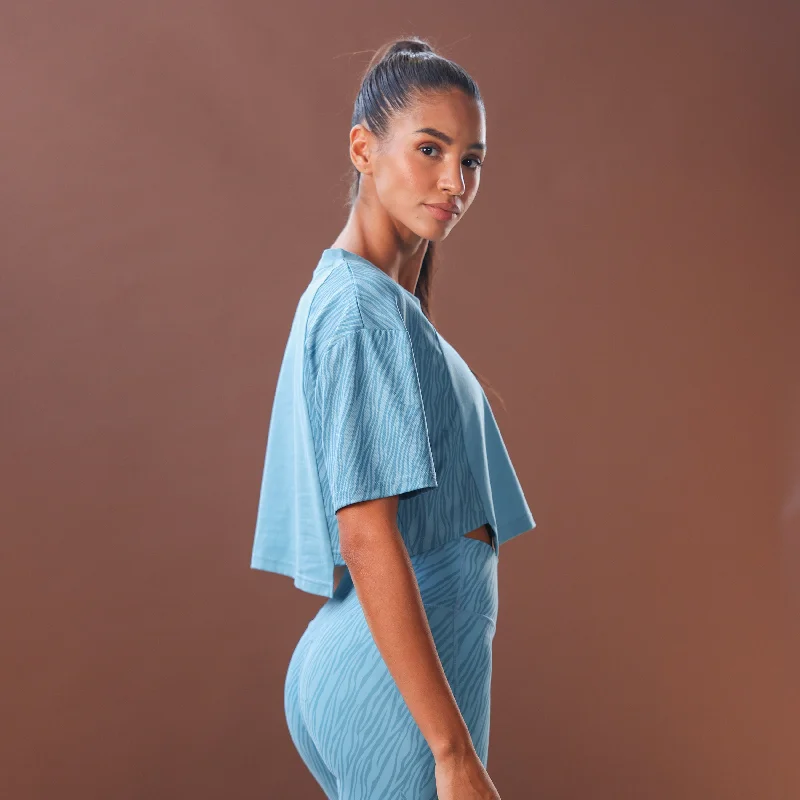 Yoga Tops with Stretchable Fabric for Movement -Core Wild Print Boxy Tee - Delph Blue Yoga Tops with Stretchable Fabric for Movement -Core Wild Print Boxy Tee - Delph Blue