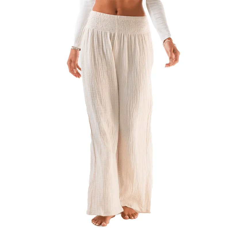 Comfortable Yoga Pants with High Waistband -Cream Wide Leg Cotton Pants