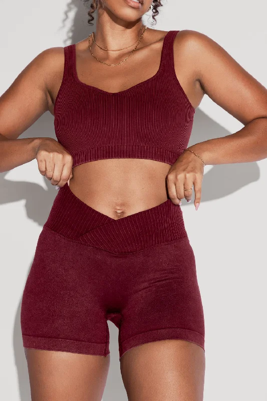 Yoga Shorts for Deep Stretch Workouts -Crisscross Hourglass® Seamless Midi Shorts - Garnet Yoga Shorts for Deep Stretch Workouts -Crisscross Hourglass® Seamless Midi Shorts - Garnet