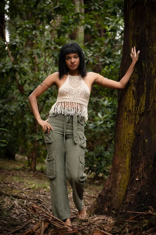 Yoga Tops for Increased Comfort and Mobility -Crochet Fringe Cropped Top - White