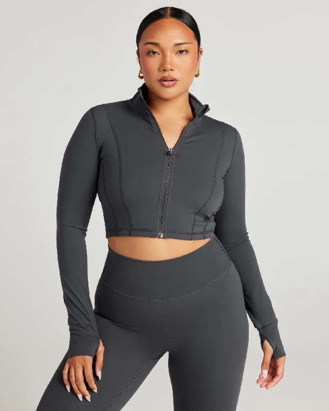 High-Waisted Yoga Tops for Support and Comfort -Cropped Aura Jacket - Charcoal