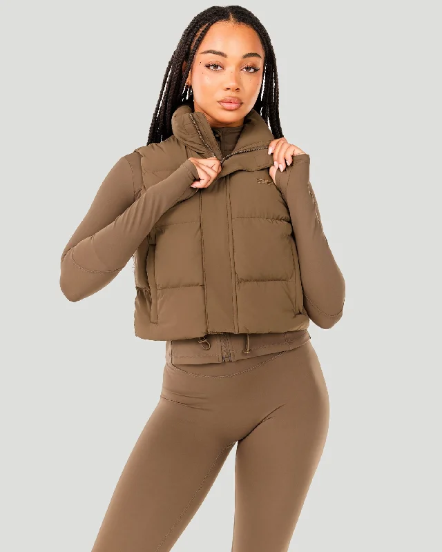 Affordable Yoga Tops for Women -Cropped Puffer Vest - Cafe Latte