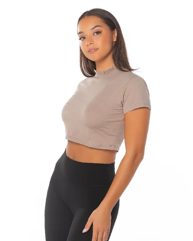 Elegant Yoga Tops for Women -Cropped Ribbed Collar T-shirt - Light Brown