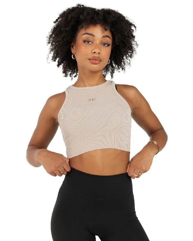 High-Cut Yoga Tops for Women -Cropped Ribbed Singlet - Beige