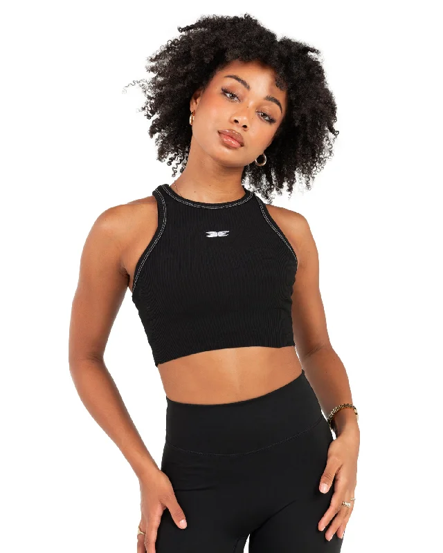 Women's Yoga Tops with Open Back -Cropped Ribbed Singlet - Black
