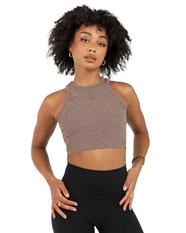 Yoga Tops for Flexibility and Ease -Cropped Ribbed Singlet - Brown