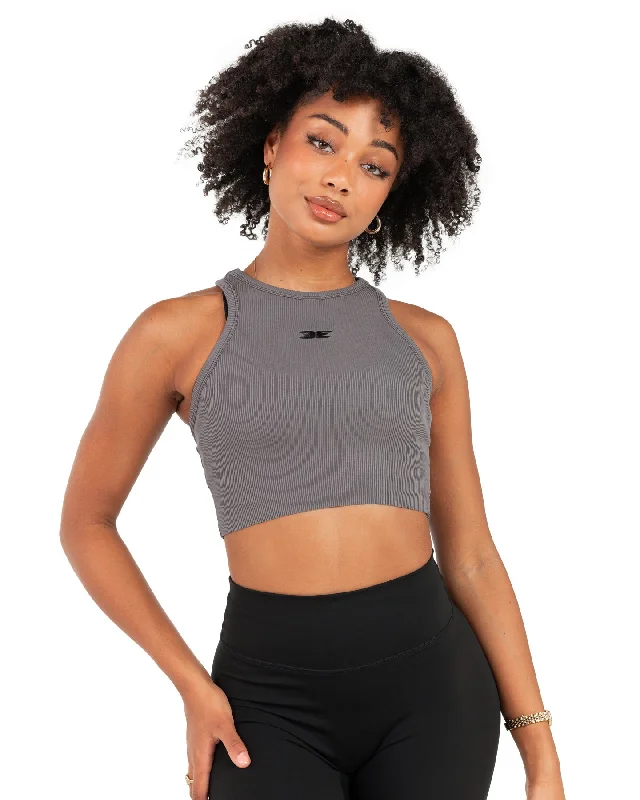 Relaxed Yoga Tops for Women -Cropped Ribbed Singlet - Charcoal