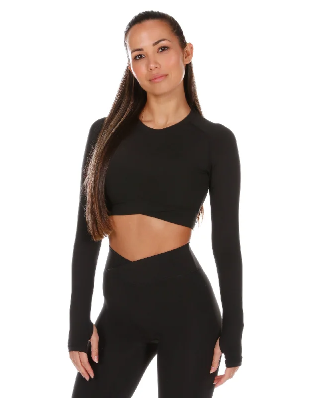 Comfortable Yoga Tops for Workouts -Cross Over Long Sleeve - Black
