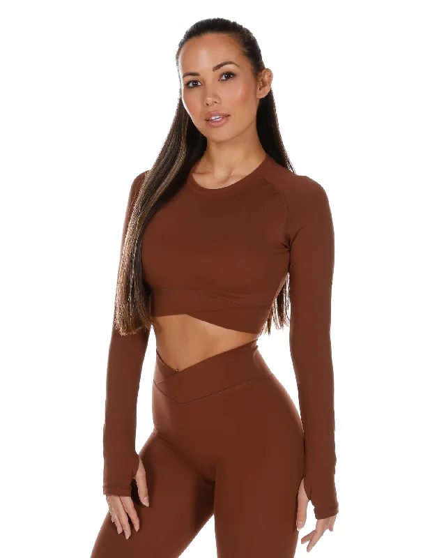 Fitted Yoga Tops for Yoga Class -Cross Over Long Sleeve - Cappuccino